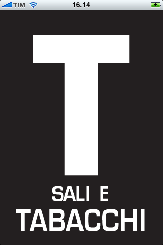 Schermata di avvio dell'app Sali e Tabacchi con un grande logo T bianco su sfondo nero