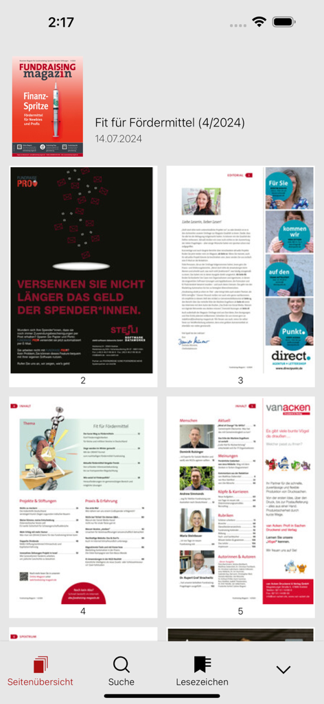 Fundraising-Magazin - Preview of multiple magazine pages within the Fundraising-Magazin app interface