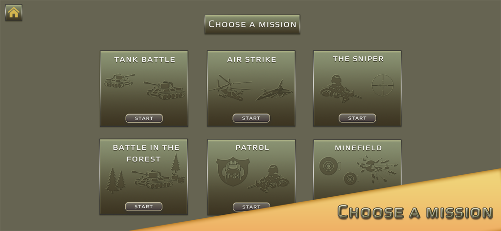 Menu de sélection de mission dans Tank Wars Online Game montrant des modes comme "Tank Battle Air Strike" et "The Sniper".