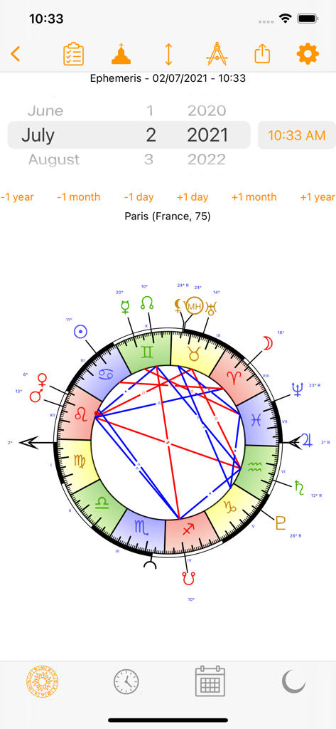 Olympia Astrology - モバイルインターフェースで惑星の位置とアスペクトを示す技術的な占星術ホイール。