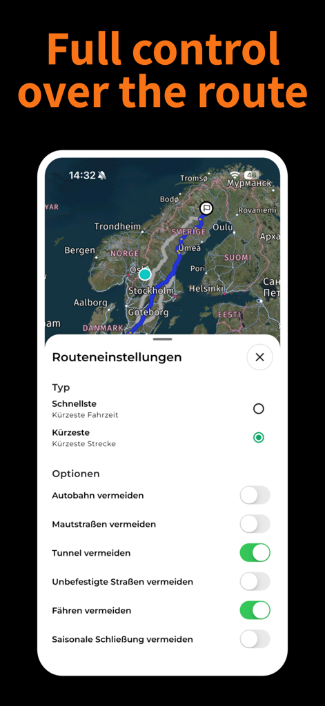 CampPilot Camper Navi - Route settings in the CampPilot app showing navigation options to avoid tunnels and unpaved roads