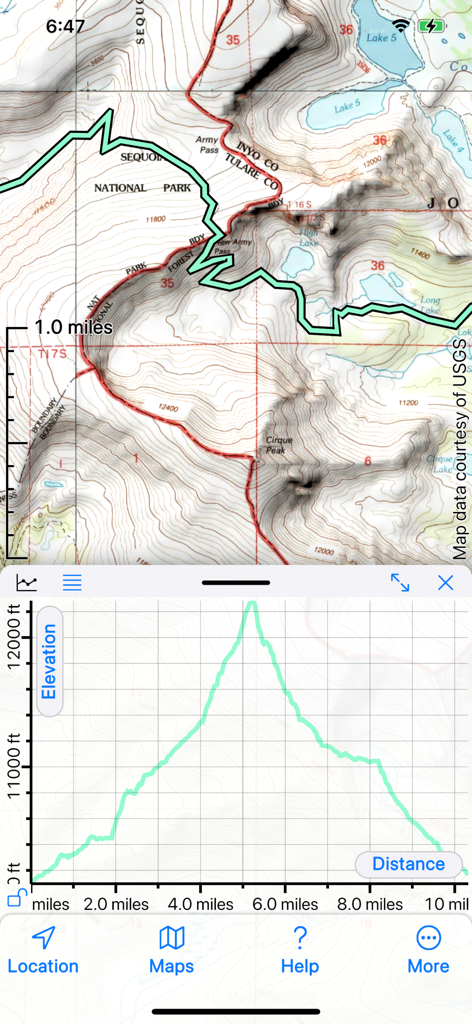 Topo Maps 2 - Topo Maps 2 app interface showing a topographical map of Sequoia National Park above a detailed elevation profile graph.