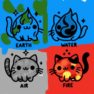 4 cats that represent the different elements, earth, water, air, and fire