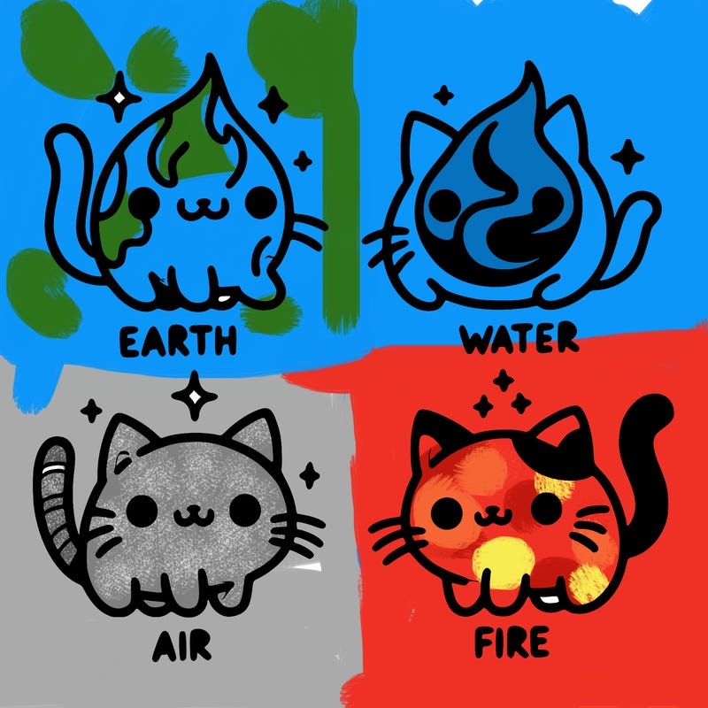 4 cats that represent the different elements, earth, water, air, and fire