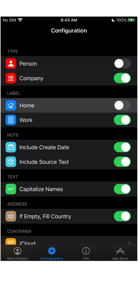 WhoDoアプリの設定画面。連絡先の種類、ラベル、テキストフォーマットの設定が表示されています