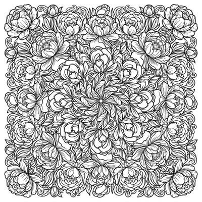Immerse yourself in the serene beauty of our Peony Mandala coloring page, showcasing a breathtaking array of lush peony blossoms and leaves. This highly detailed and symmetrical design offers a wonderfully complex artistic challenge and a calming escape.