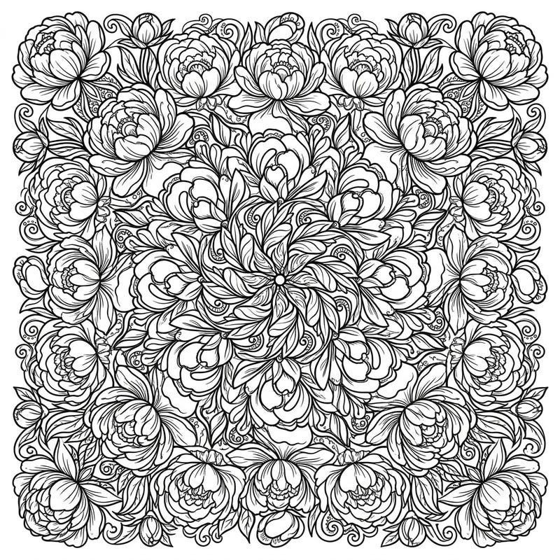 Immerse yourself in the serene beauty of our Peony Mandala coloring page, showcasing a breathtaking array of lush peony blossoms and leaves. This highly detailed and symmetrical design offers a wonderfully complex artistic challenge and a calming escape.