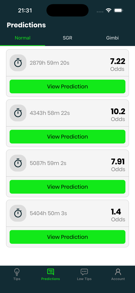 Winzone app predictions screen displaying sports analysis cards with informational odds and countdown timers.