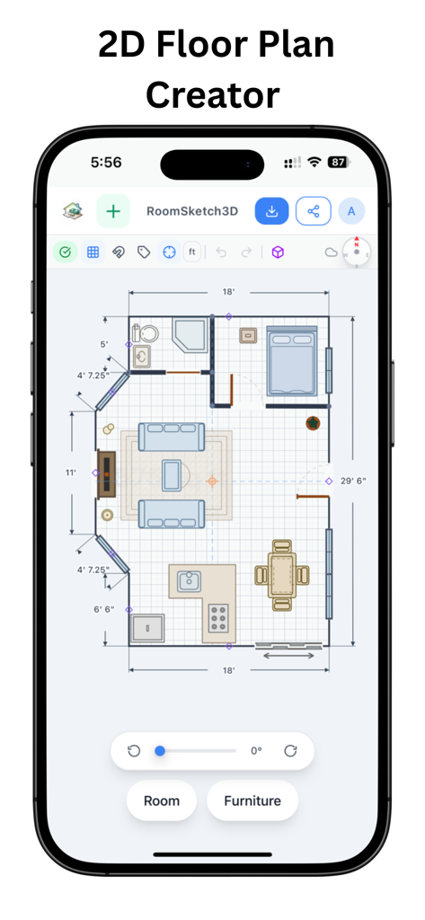 RoomSketch3D FloorPlanner - Una interfaz móvil que muestra un plano de planta 2D con ubicación de muebles y dimensiones de la habitación