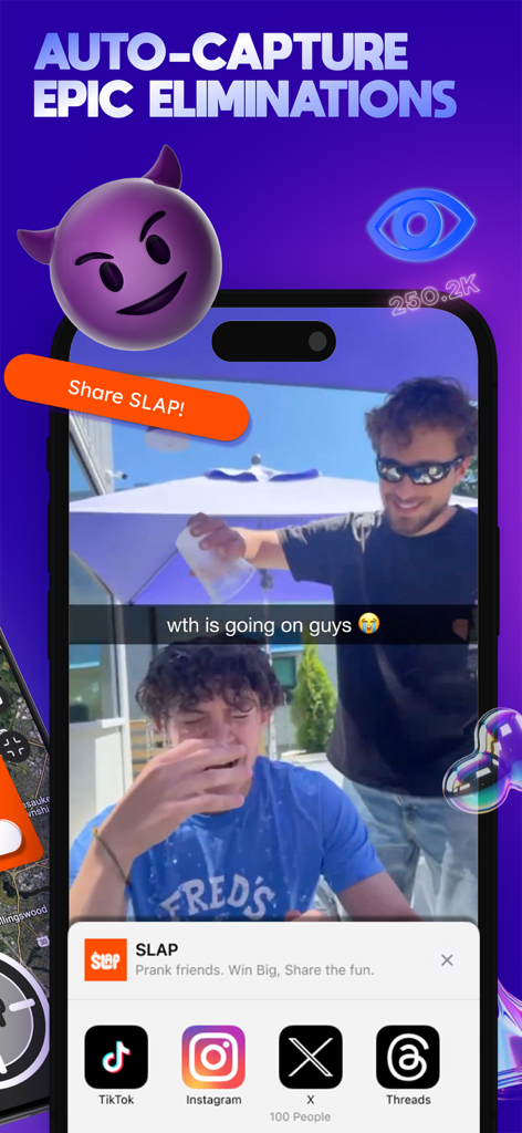 SLAP app interface showing auto-capture feature for IRL eliminations and social media sharing options for TikTok and Instagram