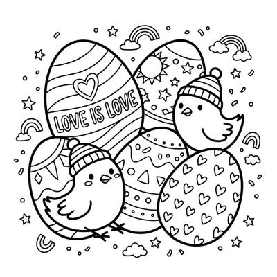 Discover a delightful coloring page featuring whimsical chick Easter eggs, perfect for celebrating love and diversity during Pride Month. Each egg boasts unique patterns, including a special "Love is Love" design, surrounded by playful chicks in cozy beanies.