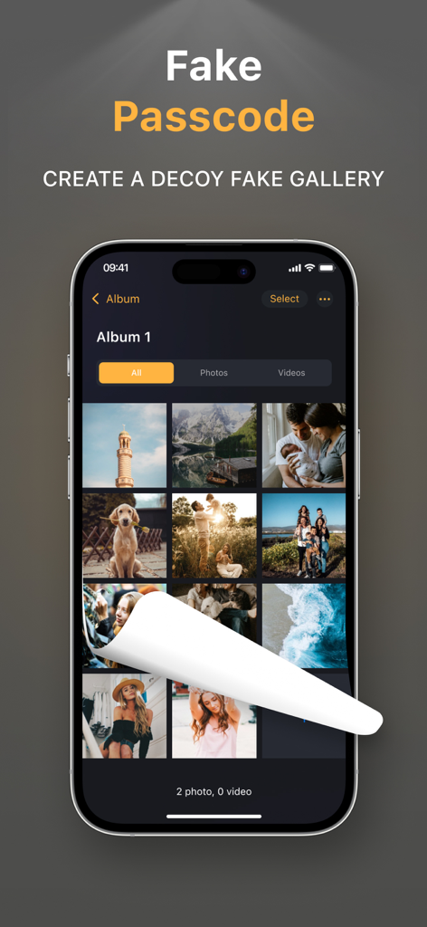 Photo Vault & App Lock - PicX - Pantalla del iPhone mostrando la función de la app PicX para crear una galería señuelo falsa usando un código de acceso falso.