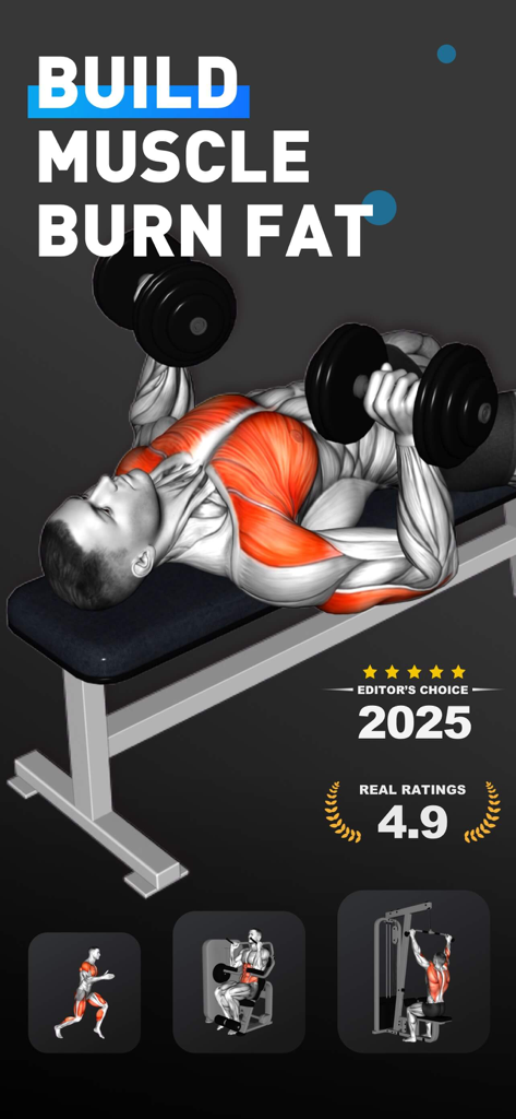 MuscleMaxme app screenshot showing a man performing a dumbbell chest press exercise with text Build Muscle Burn Fat