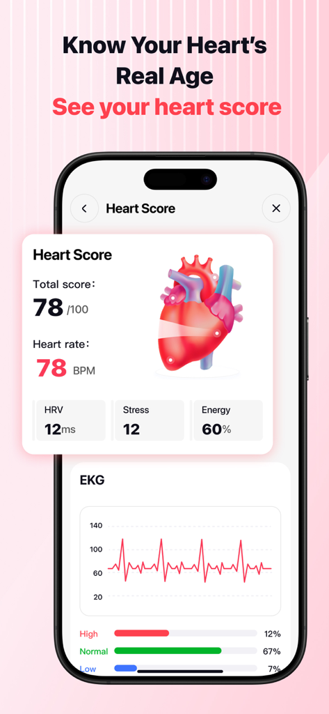 HeartSnap app screen displaying heart score heart rate HRV and EKG graph