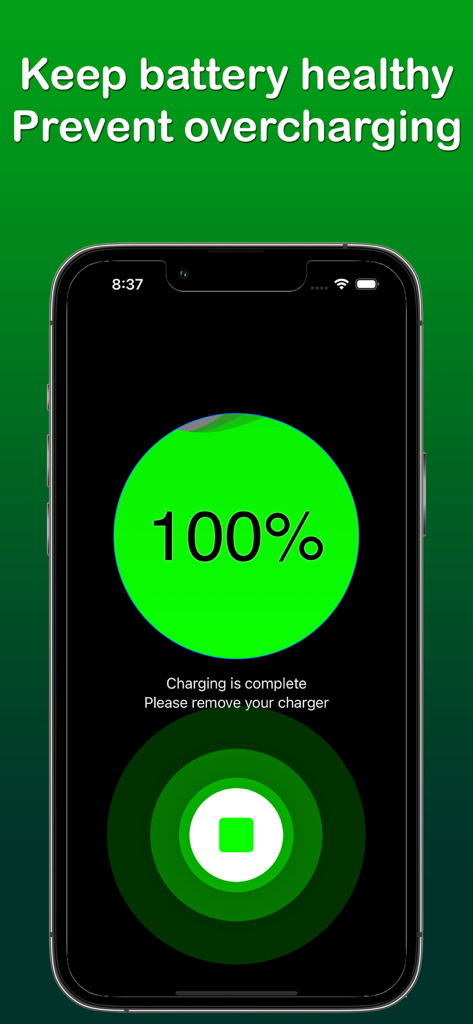 Battery Alarm - Charge Alert - Battery Alarm app screen showing a 100 percent full charge notification and alert to remove charger