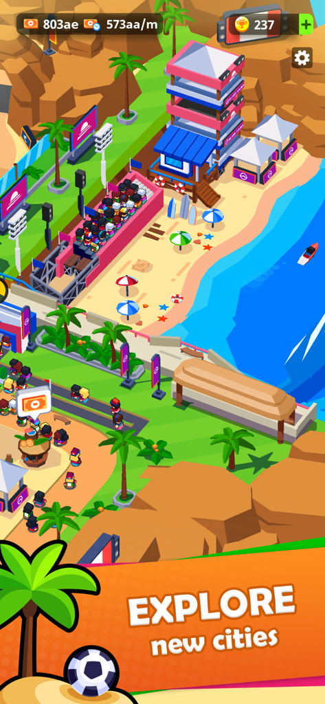 Beach sports city with stadiums and palm trees in Sports City Tycoon