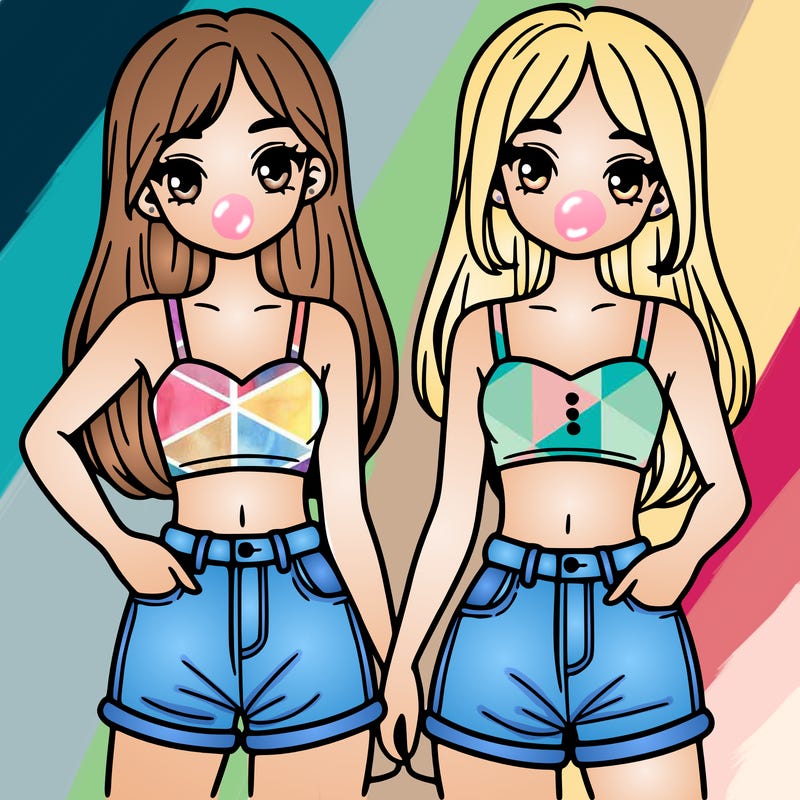 two sisters with crop tops and jean shorts and straight hair