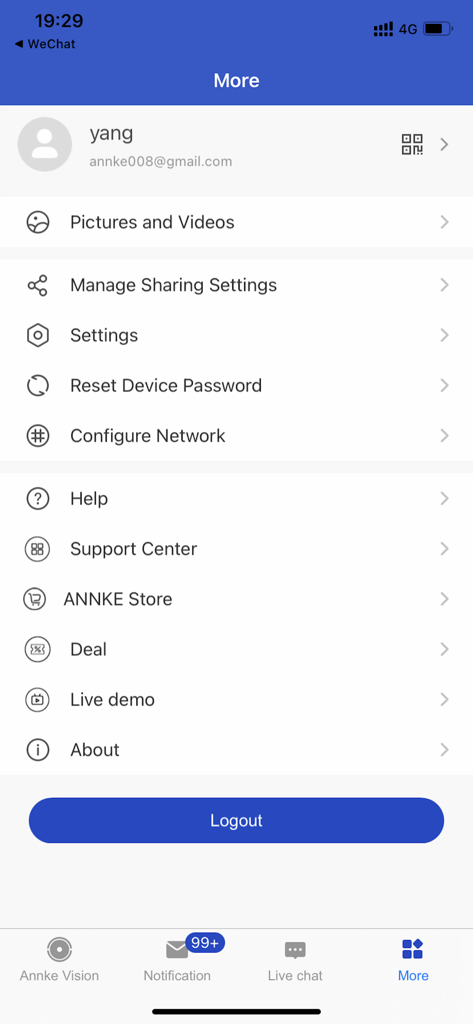 Annke Vision - Annke Vision app account profile and settings menu screen