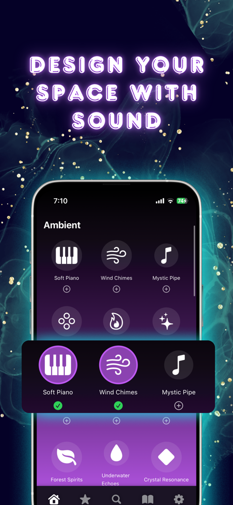 Witchcraft: Wicca Witch Spells - Mobile app interface showing ambient sound options like Soft Piano and Wind Chimes for spiritual rituals