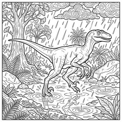 Embark on a coloring journey to the ancient past with this captivating Velociraptor, caught mid-stride during a jungle downpour. This detailed scene beautifully merges the power of dinosaurs with the dramatic beauty of a rainy day.