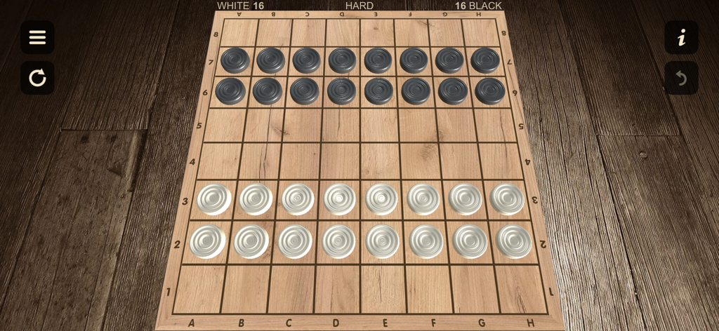 Realistic 3D wooden checkerboard with black and white game pieces