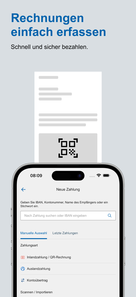 Alpha RHEINTAL Bank E-Banking App-Oberfläche zum Scannen von QR-Rechnungen und zur Verwaltung internationaler Zahlungen