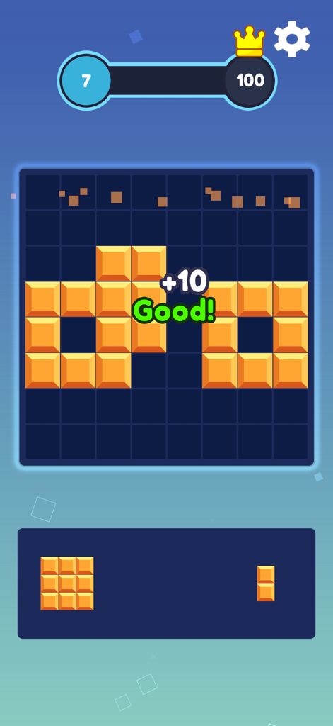 Block Blast puzzle game interface showing yellow blocks on a grid with a score progress bar