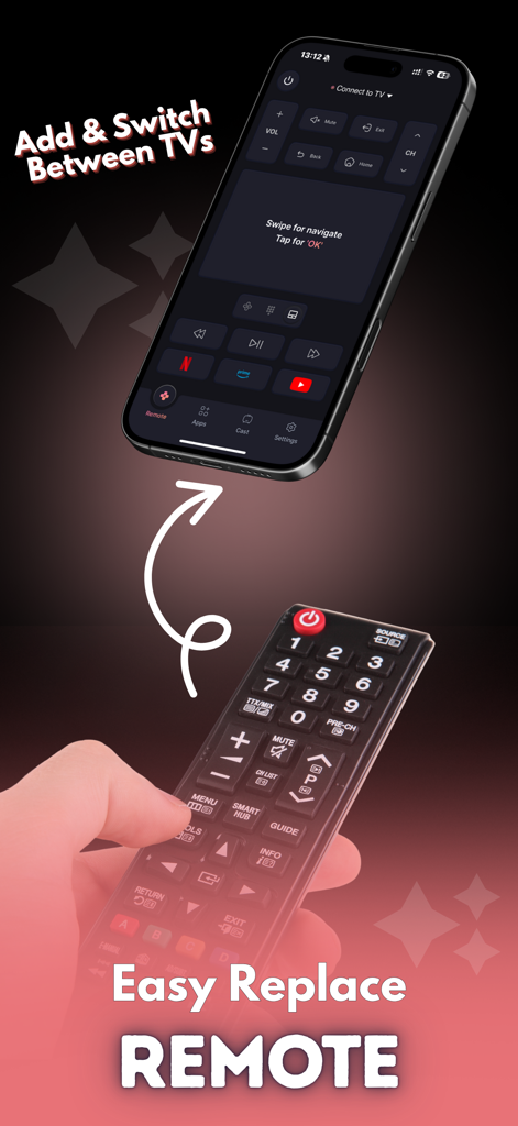 Smart TV Remote: Universal - Un smartphone mostrando la interfaz del control remoto universal de smart TV reemplazando un control tradicional.