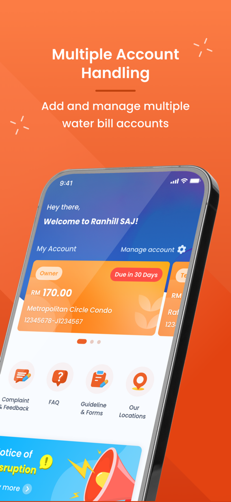 MySAJ 2.0 - MySAJ 2.0 app screen showing multiple water bill account handling and dashboard