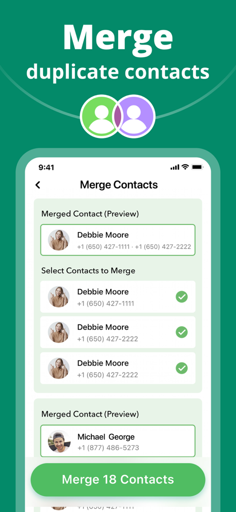 Phone CleanerㆍClean Up Storage - Interfaz de la aplicación móvil que muestra la función para fusionar contactos duplicados en Phone Cleaner.