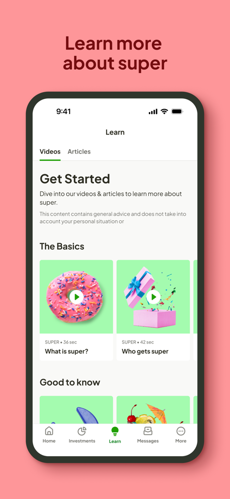 The Learn tab of the Rest Super app displaying video categories for superannuation education.