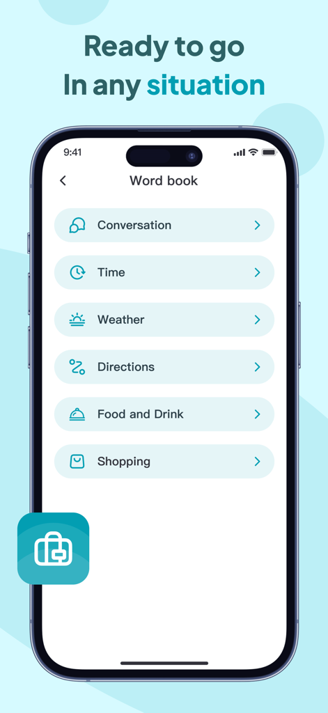 Owl Translator - Owl Translator app word book screen showing travel phrase categories like conversation and shopping