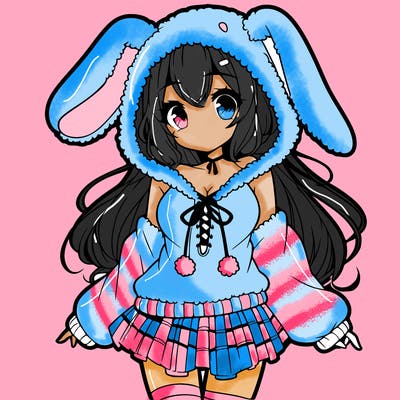 pretty anime girl wearing a fluffy hoodie with bunny ears on the hood and a skirt