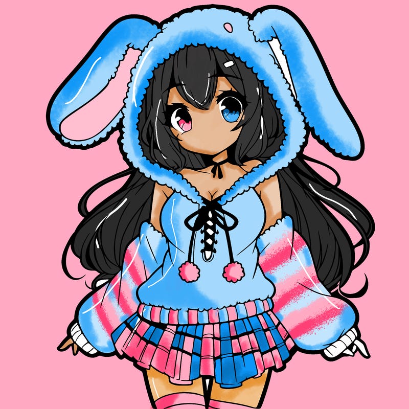 pretty anime girl wearing a fluffy hoodie with bunny ears on the hood and a skirt