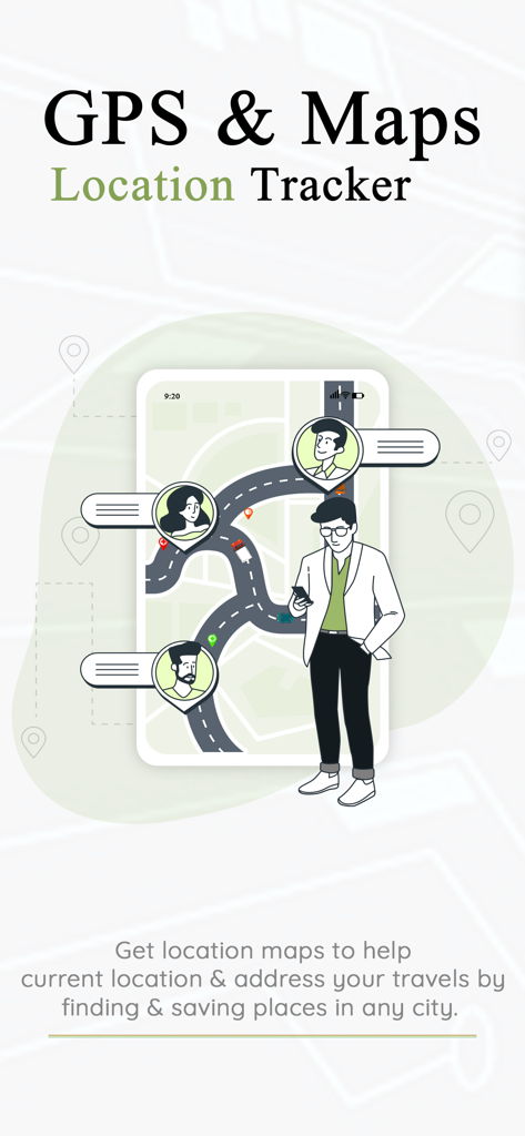 Graphic showing the GPS and Maps Location Tracker app interface with user markers on a map