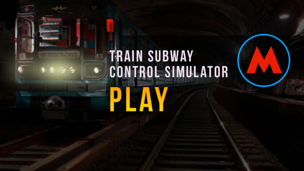 Main menu of Train Subway 3D Driving Sim showing a subway train in a tunnel with a play button