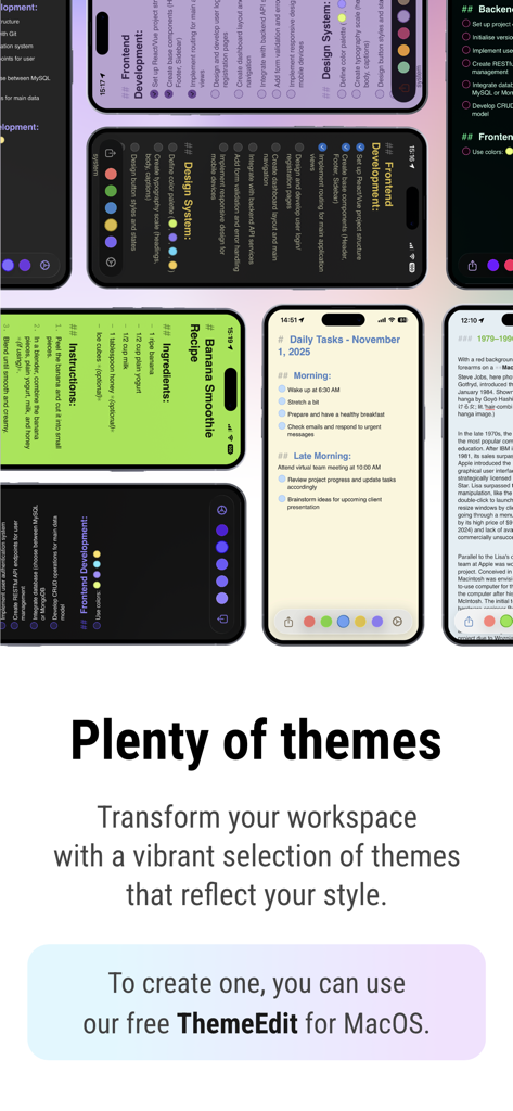 FiveNotes Mobile - Multiple iPhone screens displaying different color themes and note styles in the FiveNotes Mobile app.