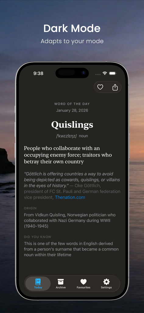 WOTD app interface in dark mode displaying the definition and origin of the word Quislings