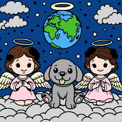 2 baby ángels and a dog ángel in the clouds abibe earth