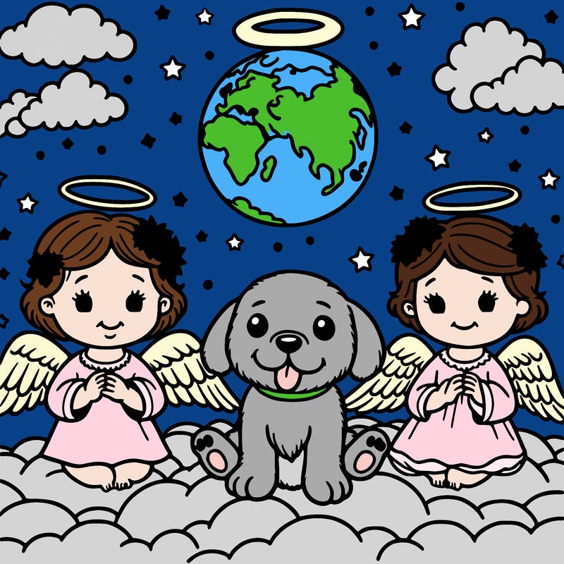 2 baby ángels and a dog ángel in the clouds abibe earth