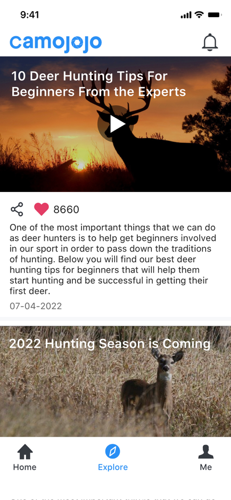 Camojojo - Camojojo app explore tab showing deer hunting tips for beginners and community articles.