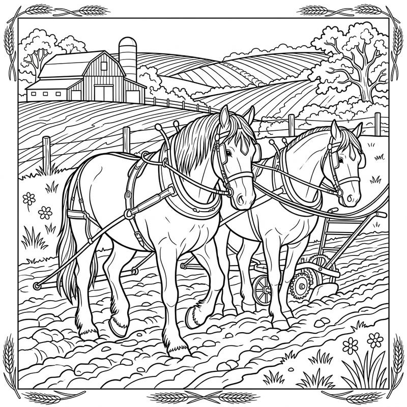 Step into the heart of the countryside with this captivating coloring page featuring two powerful farm horses at work. Designed specifically for teens, this intricate scene offers a rewarding creative challenge.