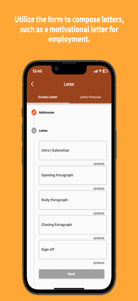 Zapp83 app screen showing a form to compose a professional motivational letter for employment with sections for intro, opening, body, and closing paragraphs.