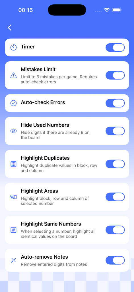 El menú de configuración de Sudoku Game Puzzle que muestra interruptores para el temporizador, el límite de errores y las opciones de resaltado.