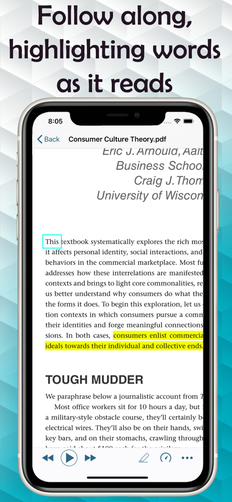 Text to Speech PDF Reader - テキスト読み上げPDFリーダーアプリのインターフェースで、文書を読みながらリアルタイムの単語ハイライトを表示