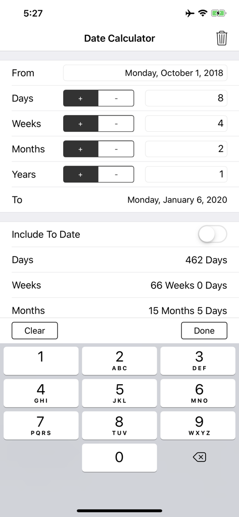 Interface of the Date and Time Calculator app showing duration and future date calculations