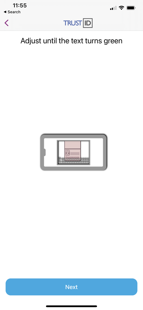 TrustID app interface showing instructions for scanning an ID card with a smartphone