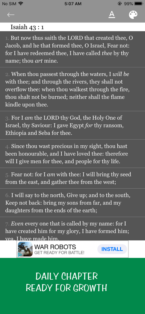 Mobile app interface showing Isaiah chapter 43 verses in King James Version text