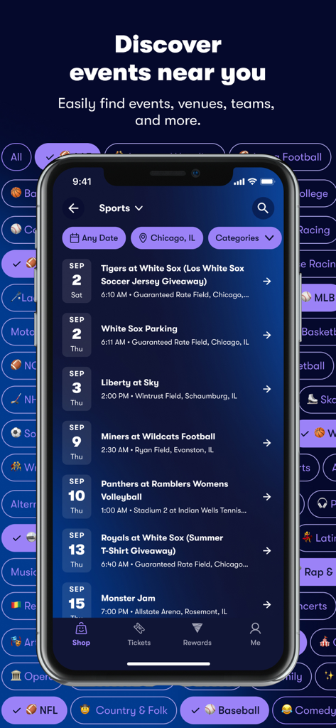 Vivid Seats mobile app interface showing a list of upcoming sports events and ticket options