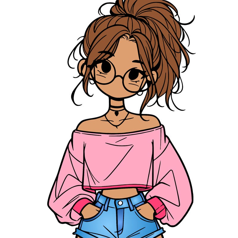 girl with a messy ponytail glasses a baggy crop top and jean shorts